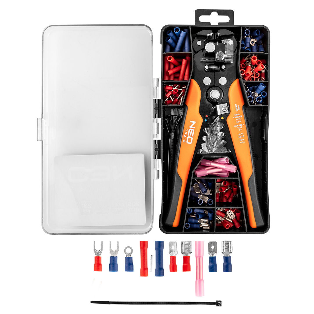 NEO TOOLS Kábelcsupaszító fogó, automata 200mm + csatlakozók 230db termék fő termékképe