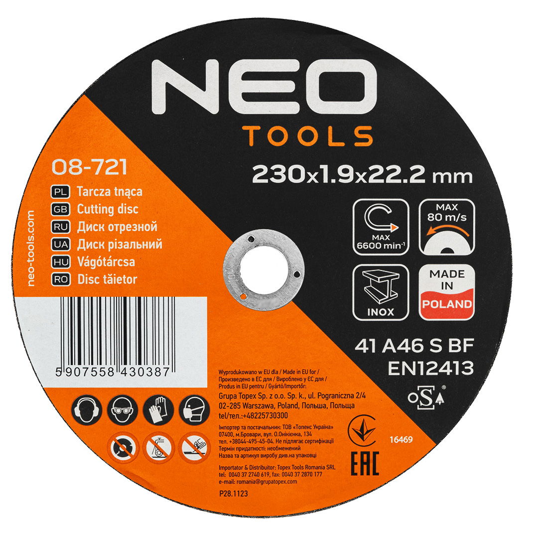 NEO TOOLS Vágókorong, fémhez, 230x1,9x22,2mm, 41A 46 S BF INOX, 25db/cs termék fő termékképe