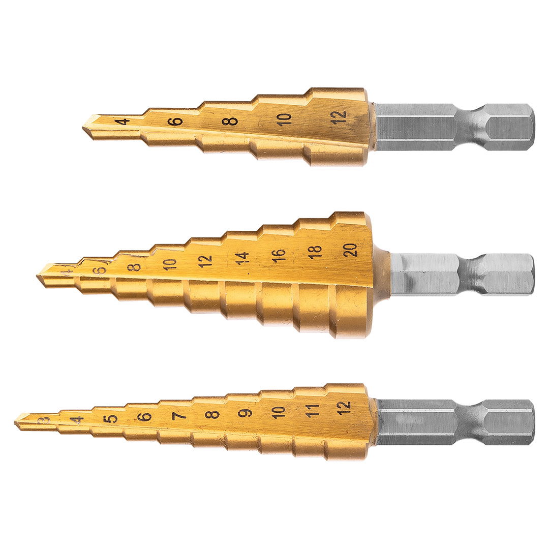 NEO TOOLS Lépcsős fúrókészlet, 3db-os, HSS-Titán, 3-20mm, hatszög szárral termék fő termékképe