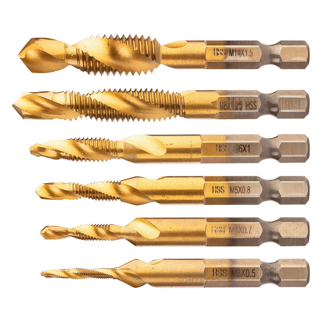 NEO TOOLS Gépi menetfúró készlet, 2az1ben előfúró éllel, HSS-Titán, M3-M10, 6db, hatszög szárral termék fő termékképe