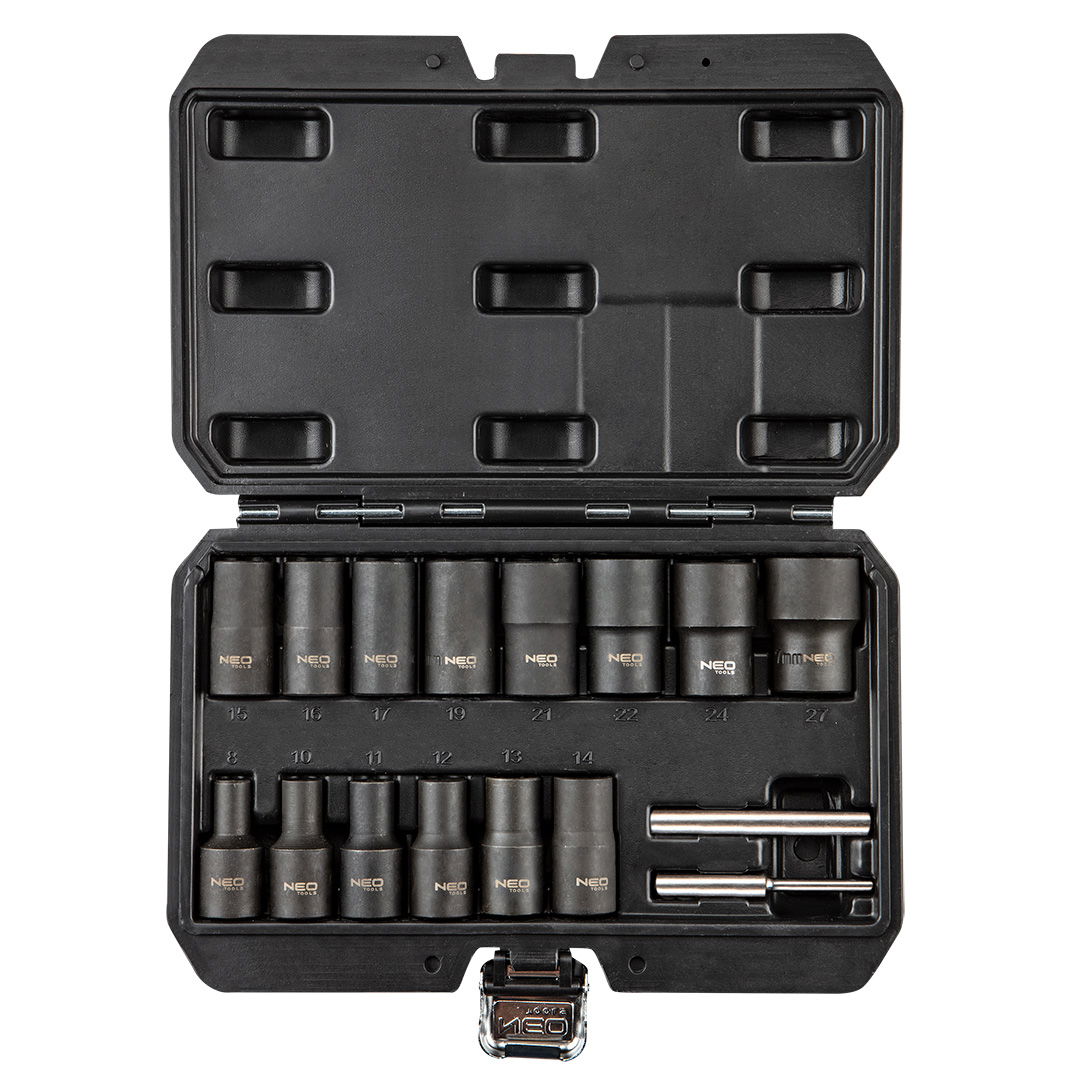 NEO TOOLS Dugókulcskészlet, sérült fejű csavarokhoz 16db 1/2”, 8, 10, 11, 12, 13, 14, 15, 16, 17, 19, 21, 22, 24, 27mm termék fő termékképe