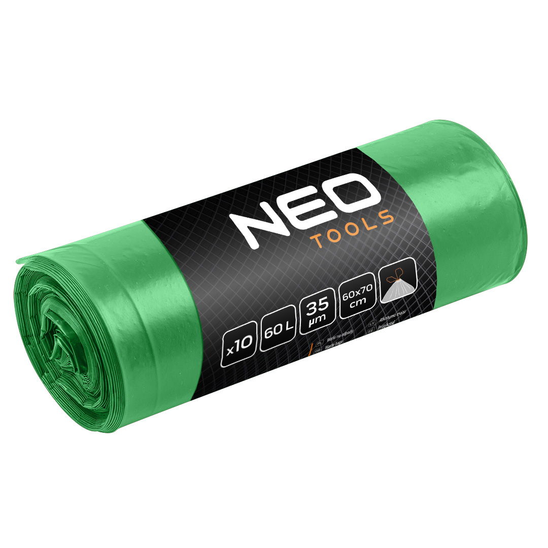 NEO TOOLS Szemeteszsák 60l, 60x70cm, zöld,erősített húzószalagos, vastagság:35mic, 10db termék fő termékképe