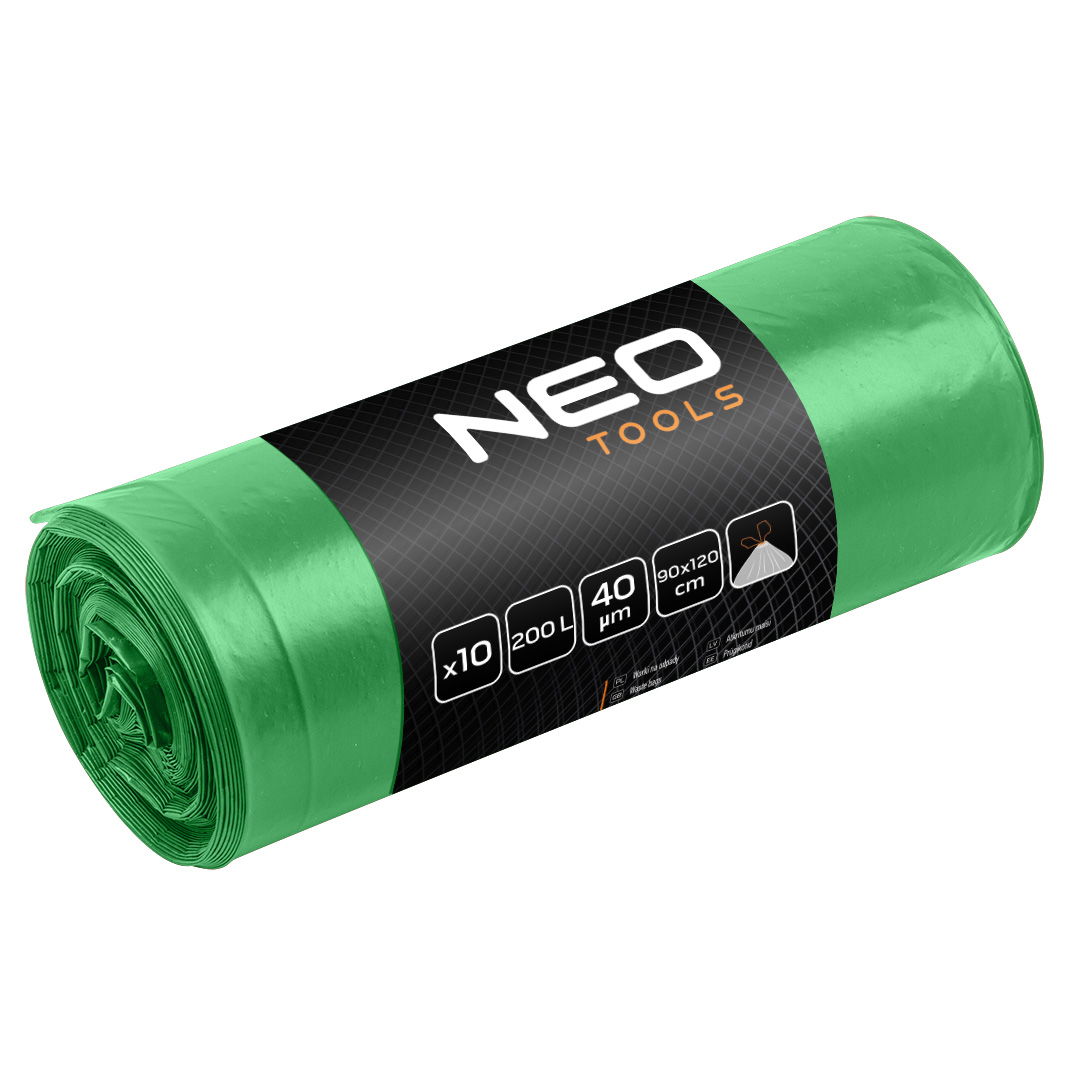 NEO TOOLS Szemeteszsák 120l, 70x110cm, zöld, erősített húzószalagos, vastagság:40mic, 10db termék fő termékképe