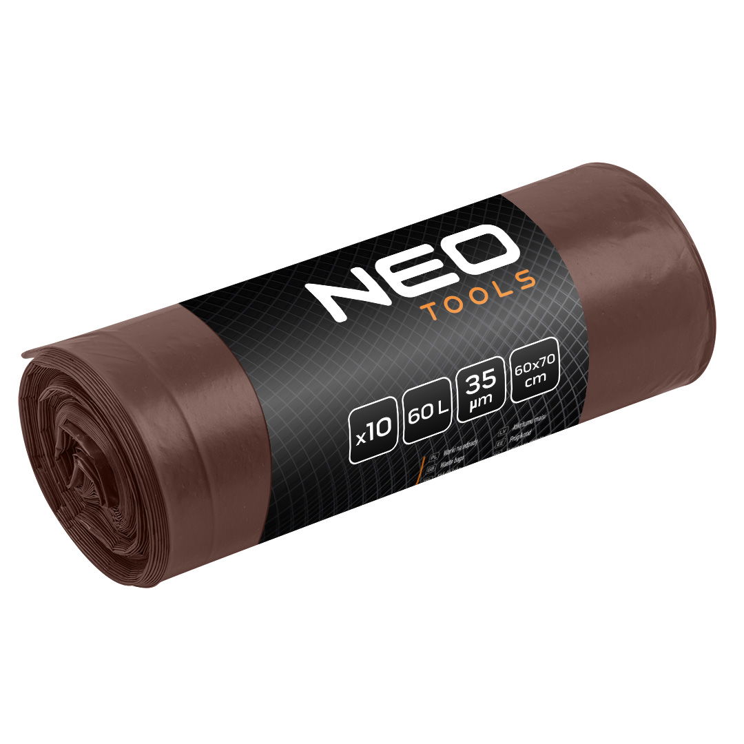 NEO TOOLS Szemeteszsák 60l, 60x70cm, barna, erősített, vastagság:35mic, 10db termék fő termékképe
