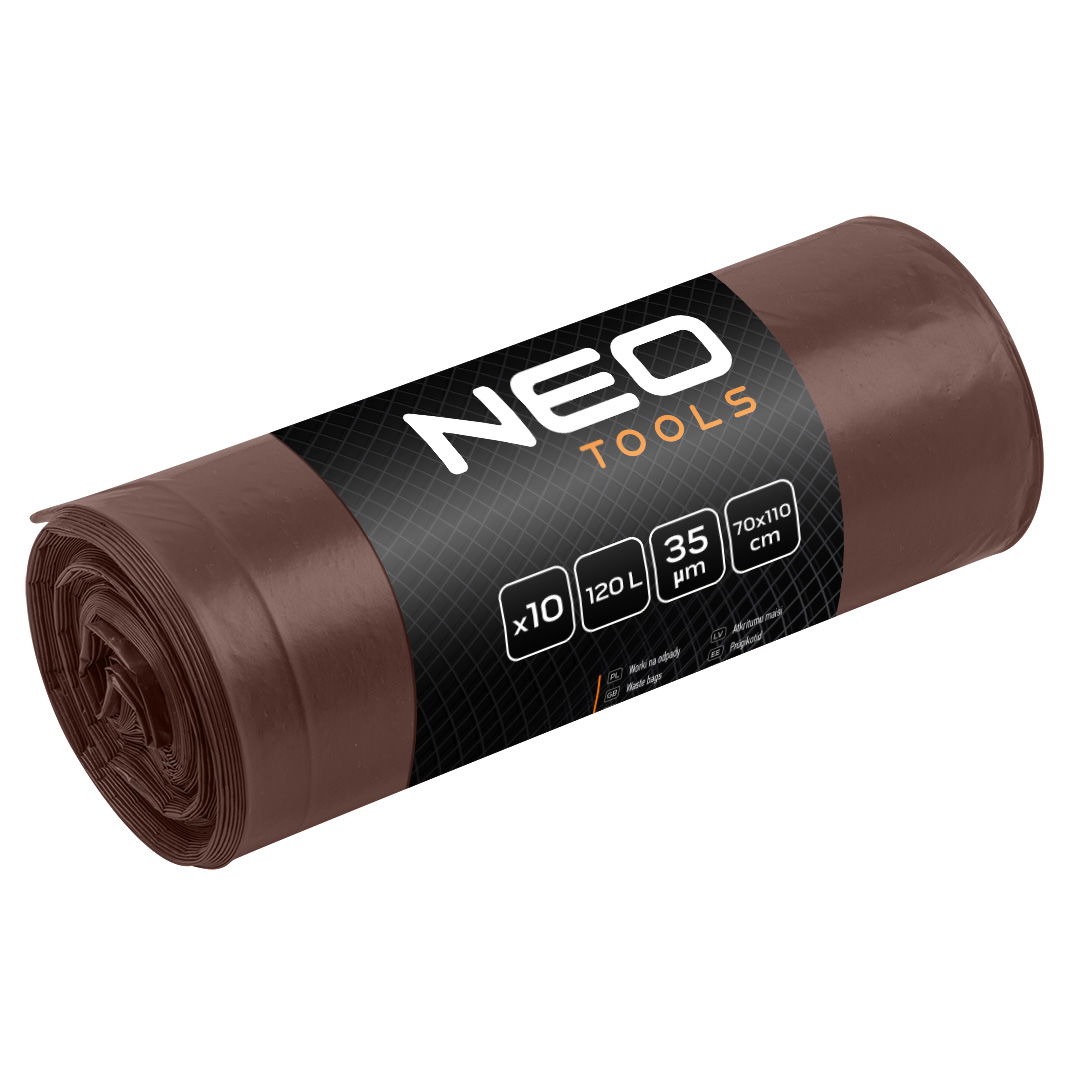 NEO TOOLS Szemeteszsák 120l, 70x110cm, barna, erősített, vastagság:35mic, 10db termék fő termékképe