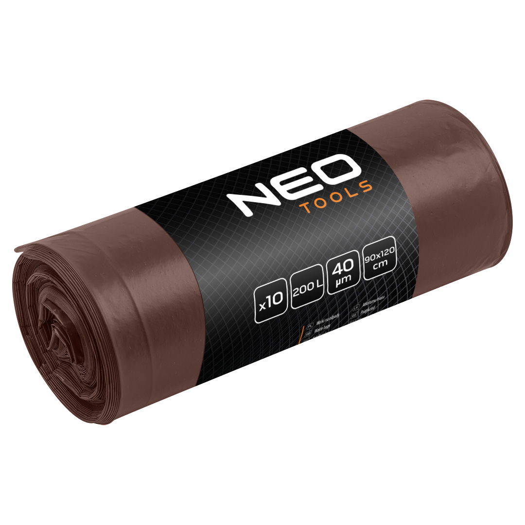 NEO TOOLS Szemeteszsák 200l, 90x120cm, barna, erősített, vastagság:40mic, 10db termék fő termékképe