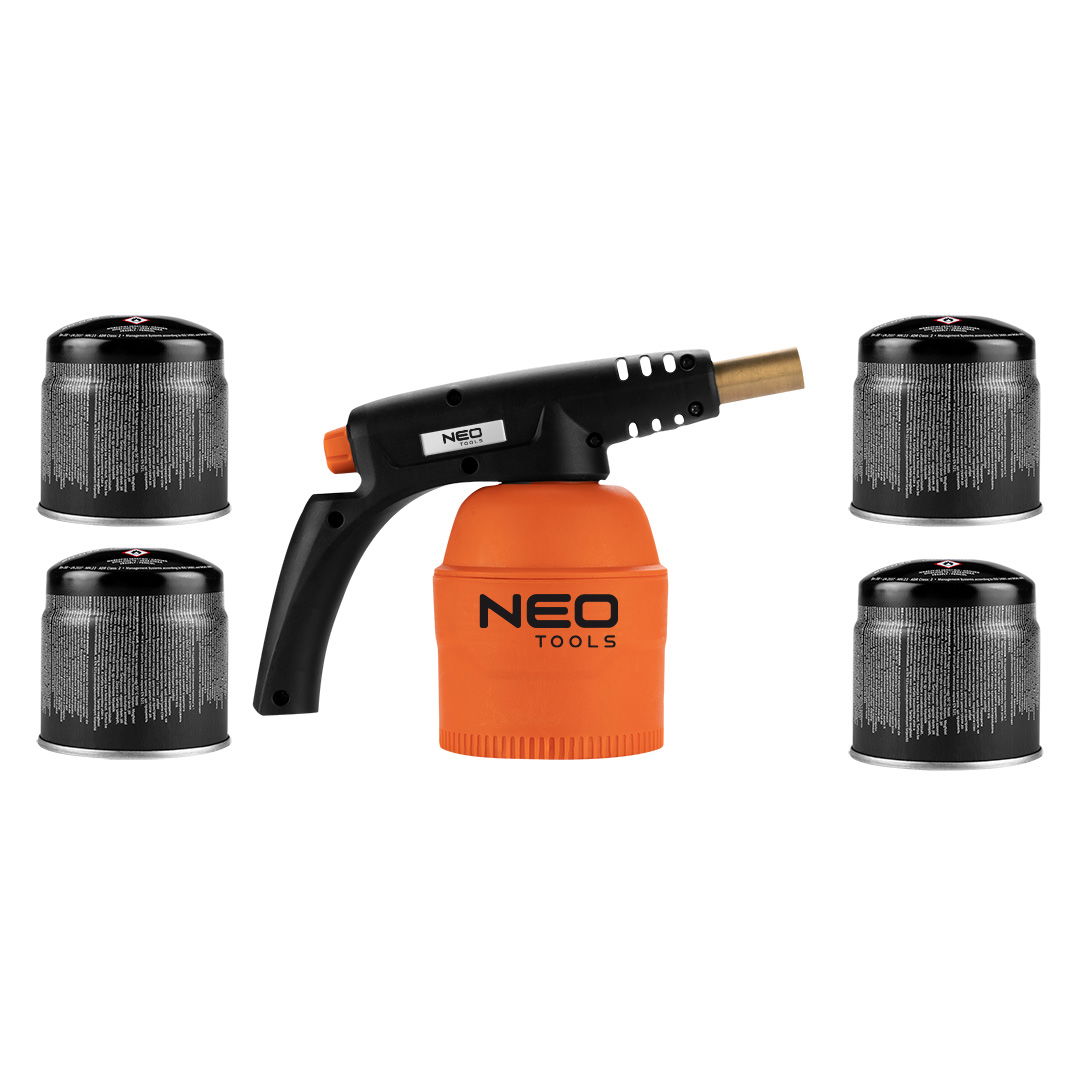 NEO TOOLS Gázforrasztó, perzselő, gázégő 4db tartállyal, 190g, szelepes tartállyal termék fő termékképe