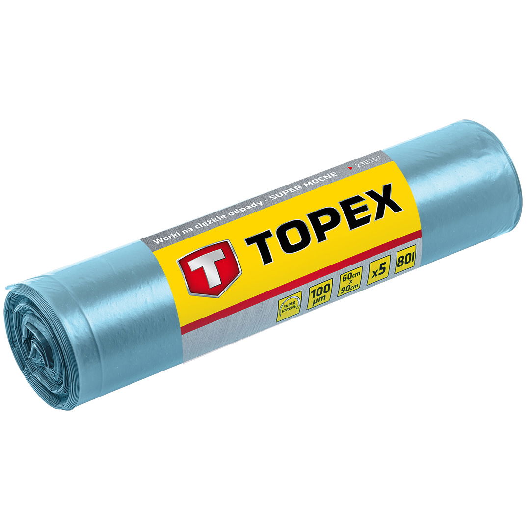 TOPEX Szemeteszsák 80L, Nagy teherbírású, kék, méretek:60x90cm, vastagság: 100 mic, LDPE fólia, 5db termék fő termékképe