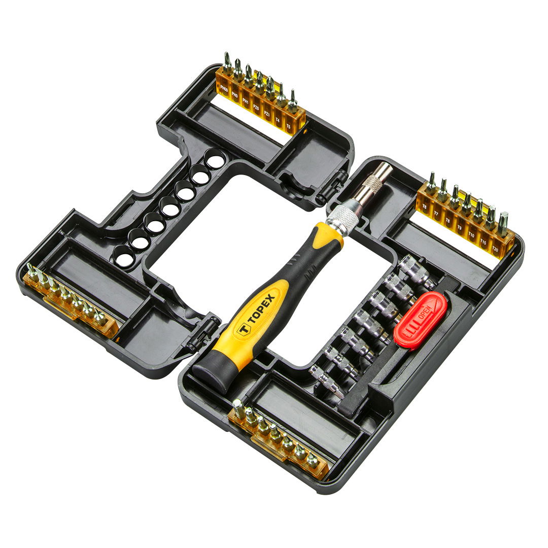 TOPEX Bitkészlet racsnis hajtószárral 37db termék fő termékképe