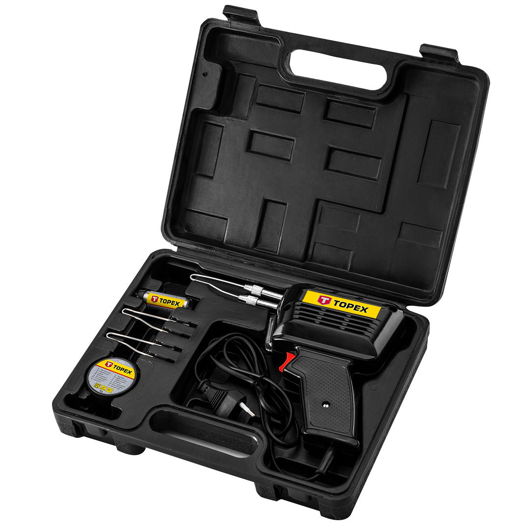 TOPEX FORRASZTÓPISZTOLY 150W, kiegészítőkkel, 3db pákacsúcs, forrasztókrém, forrasztóón, kofferben termék fő termékképe