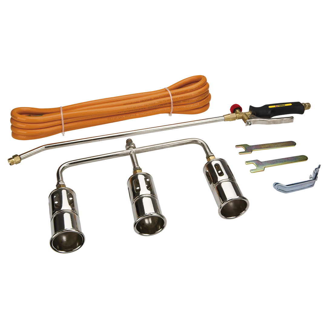 TOPEX Gázforrasztó, perzselő, gázégő készlet, HÁRMAS égőfej, szár: 50cm, tömlő: 5m termék fő termékképe