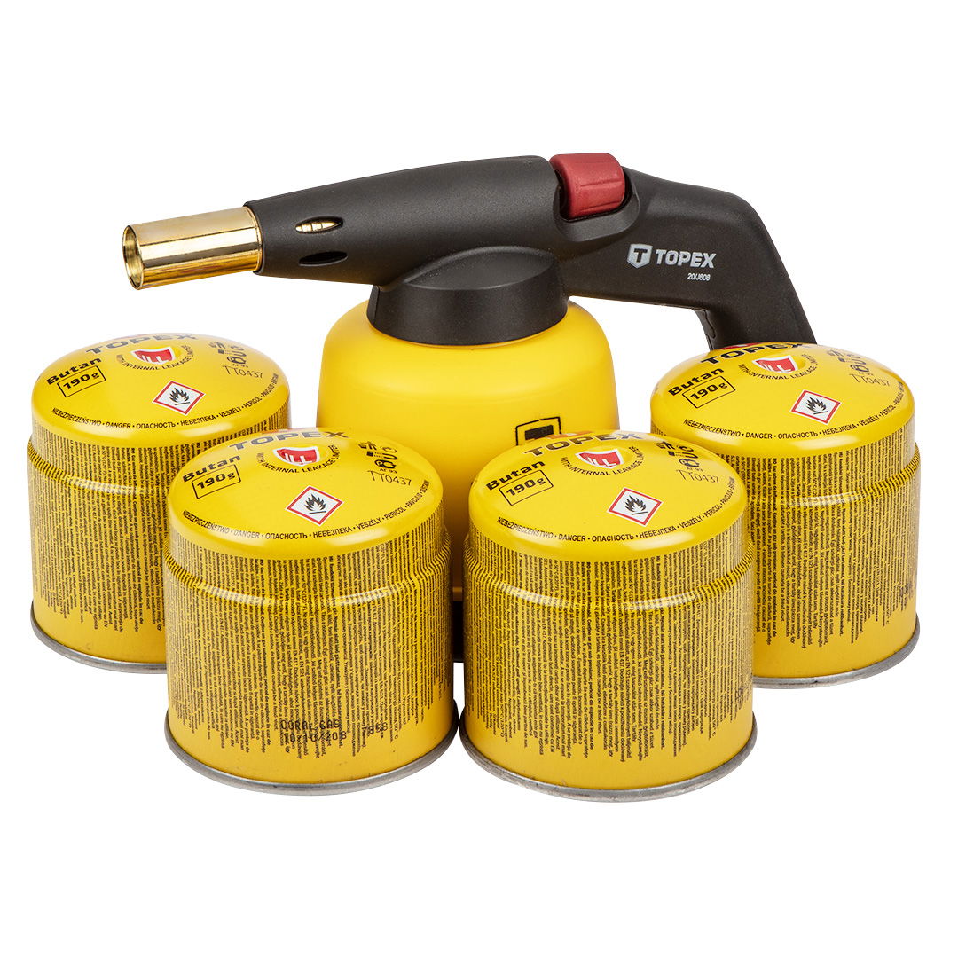 TOPEX Gázforrasztó, perzselő, gázégő 4db tartállyal, 190g, szelepes tartállyal termék fő termékképe