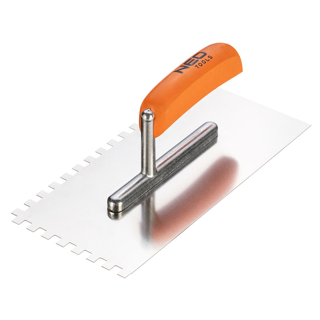 NEO TOOLS Acél simító, fogazott, rozsdamentes, 270x128mm, 8x8x8mm, fa markolat termék fő termékképe