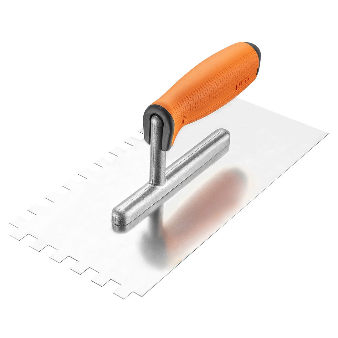 NEO TOOLS Acél simító, fogazott, rozsdamentes, 270x128mm, 10x10x10mm, kétkomponensű markolat termék fő termékképe