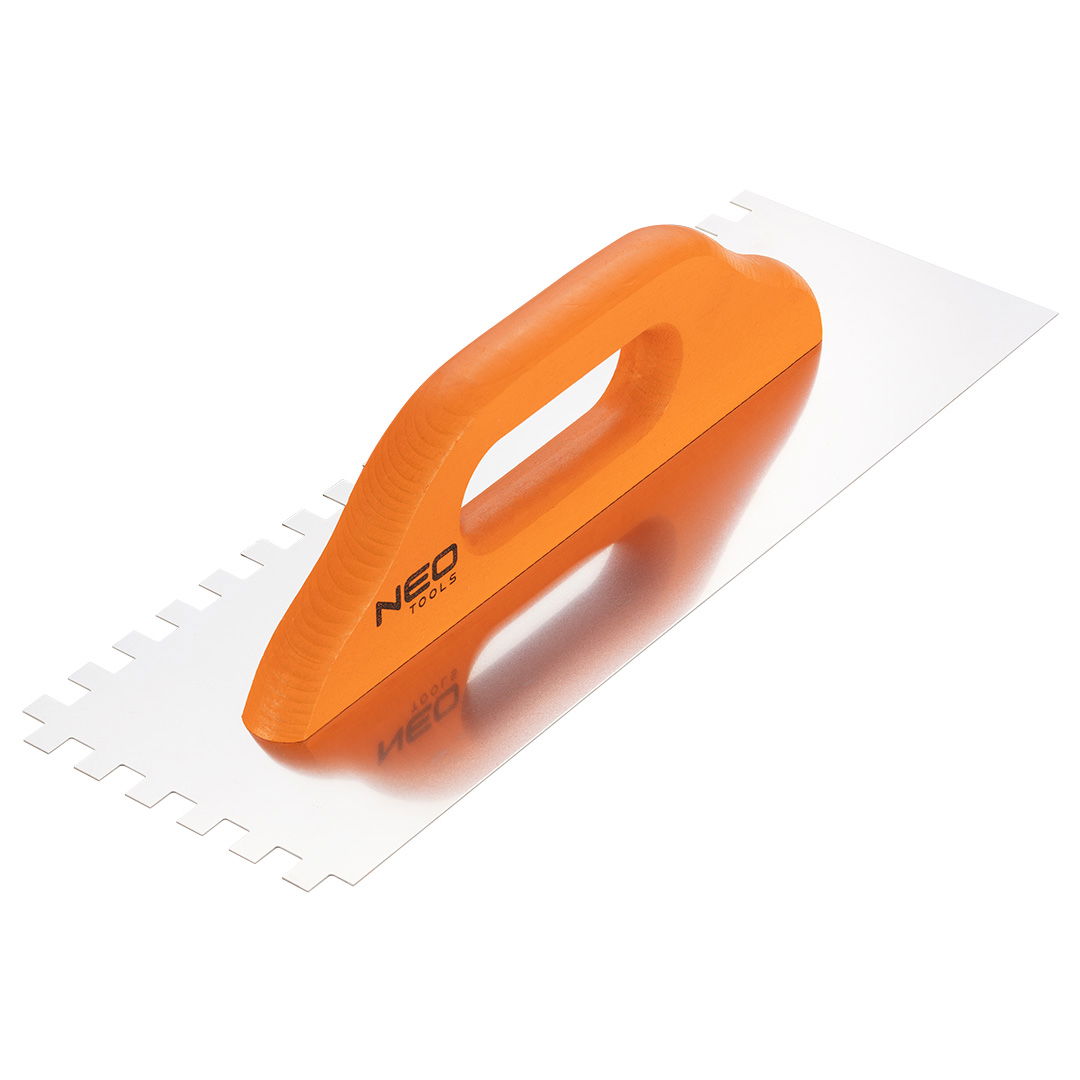 NEO TOOLS Acél simító, fogazott, rozsdamentes, 380x128mm, 10x10x10mm, fa markolat termék fő termékképe