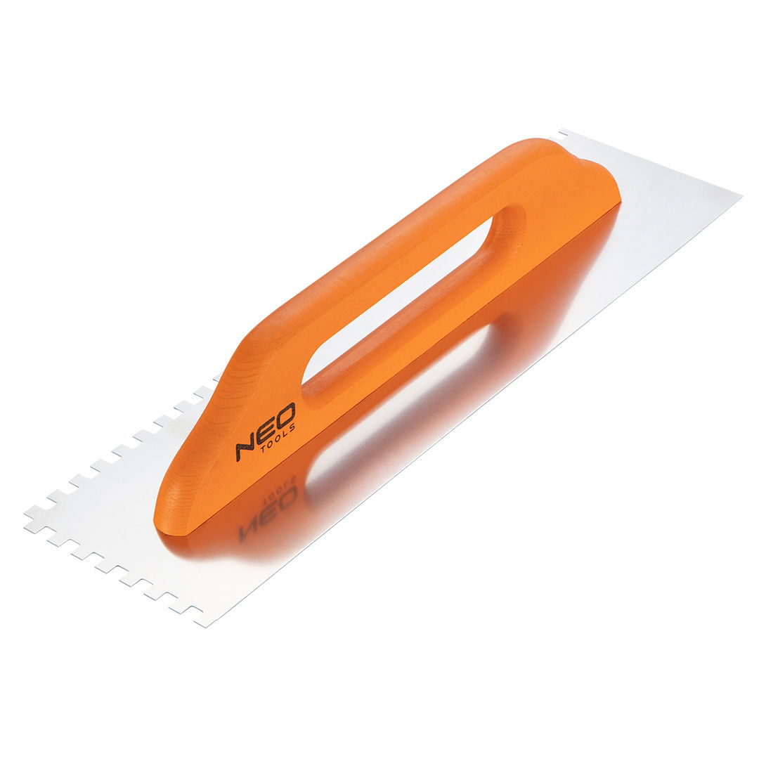 NEO TOOLS Acél simító, fogazott, rozsdamentes, 480x128mm, 8x8x8mm, fa markolat termék fő termékképe