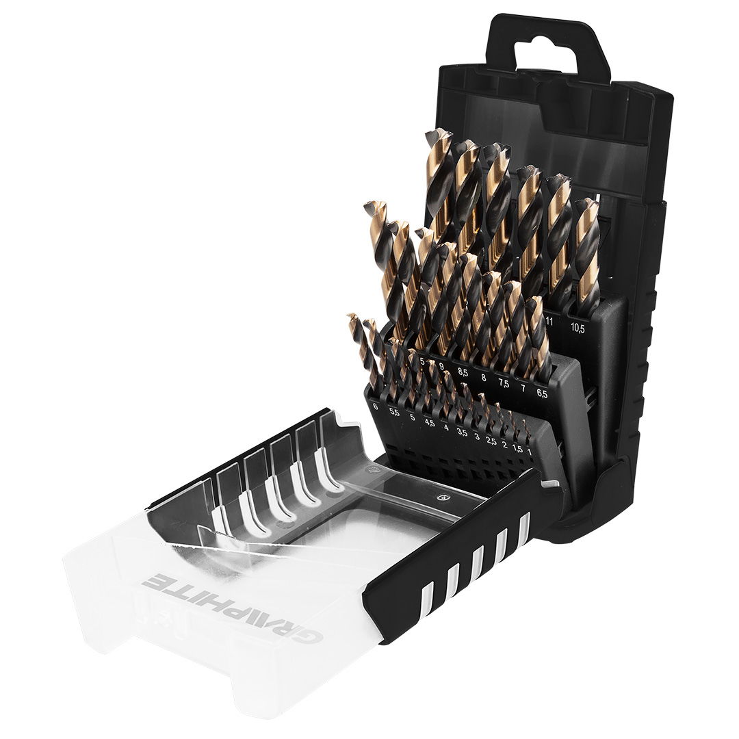 GRAPHITE HSS-CNC Csigafúró készlet, 124°, "Pro-Tec", 1.0 - 13.0mm, 25db termék fő termékképe