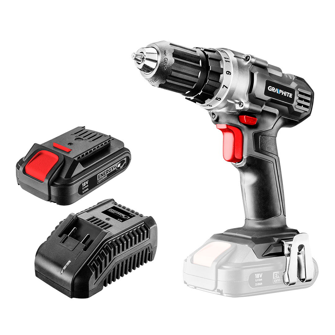 GRAPHITE Akkus fúró Energy+, 18V/2Ah, 10mm gyorstokmány, akku+töltő! termék fő termékképe
