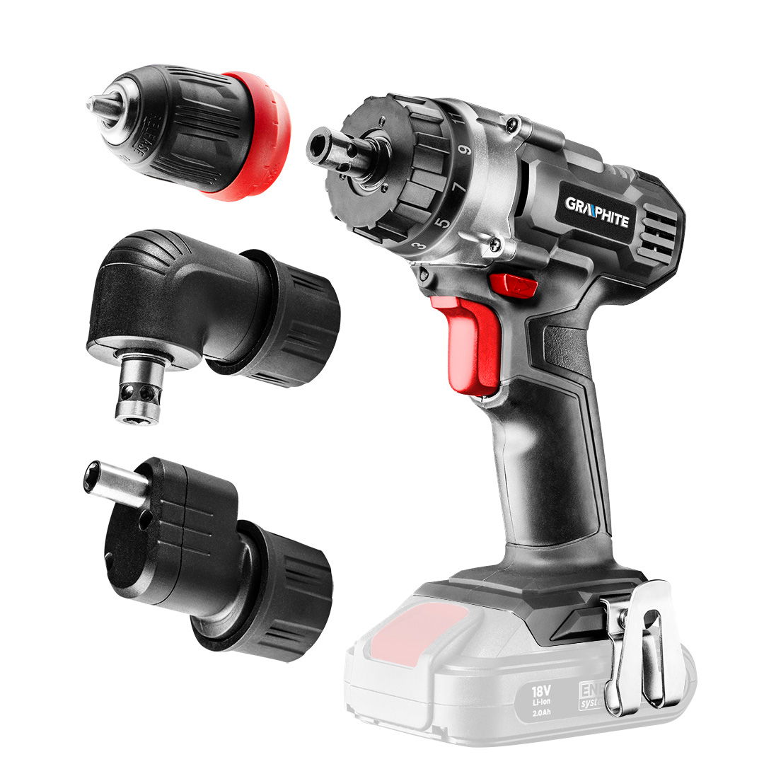 GRAPHITE Akkus fúró csavarozó, Energy+ 18V, 3 levehető tokmánnyal 10mm, egyenes, sarok, perem. akku nélkül!!! termék fő termékképe