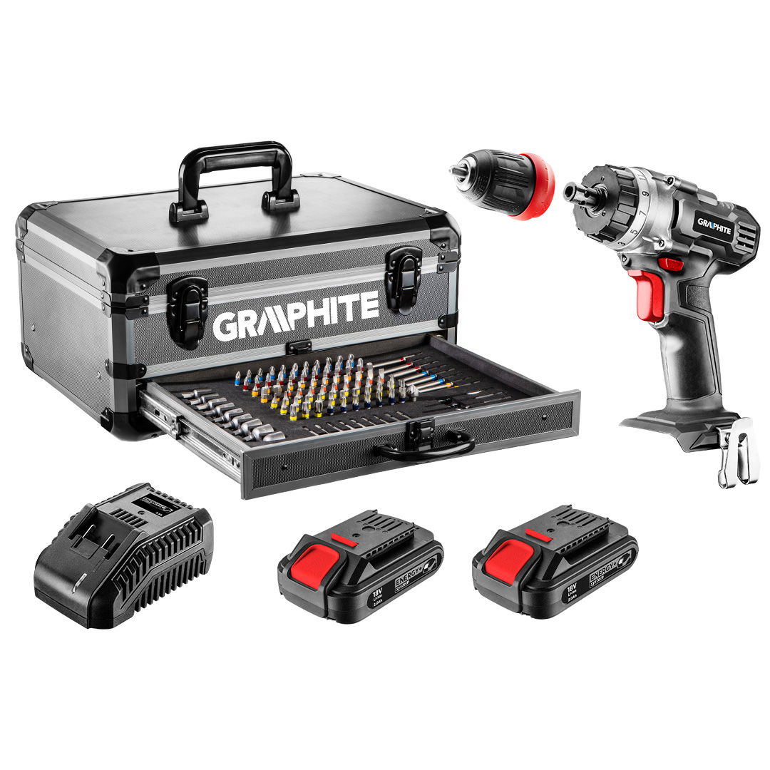 GRAPHITE Akkus fúró Energy+, 2db akku+töltő!, 18V/2Ah, 10mm + alu koffer + 109 kiegészítő, levehető fúrótokmány termék fő termékképe