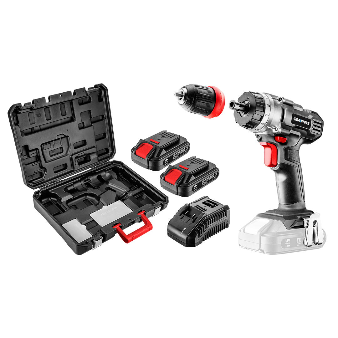 GRAPHITE Akkus fúró Energy+, 2db akku+töltő!, 18V/2Ah, levehető fúrótokmány 10mm, koffer termék fő termékképe