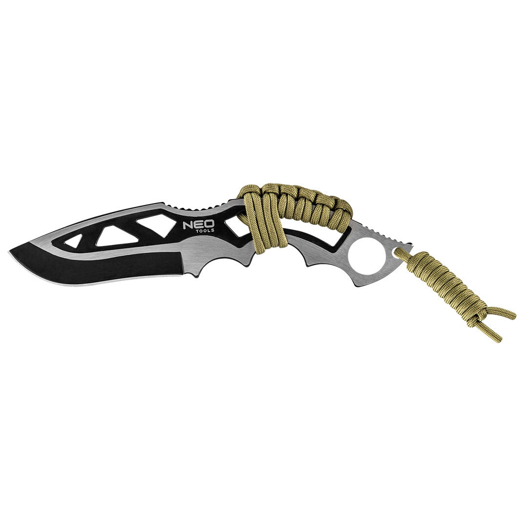 NEO TOOLS Túlélőkés, 11cm penge, 75cm paracord kötéllel tokban termék fő termékképe