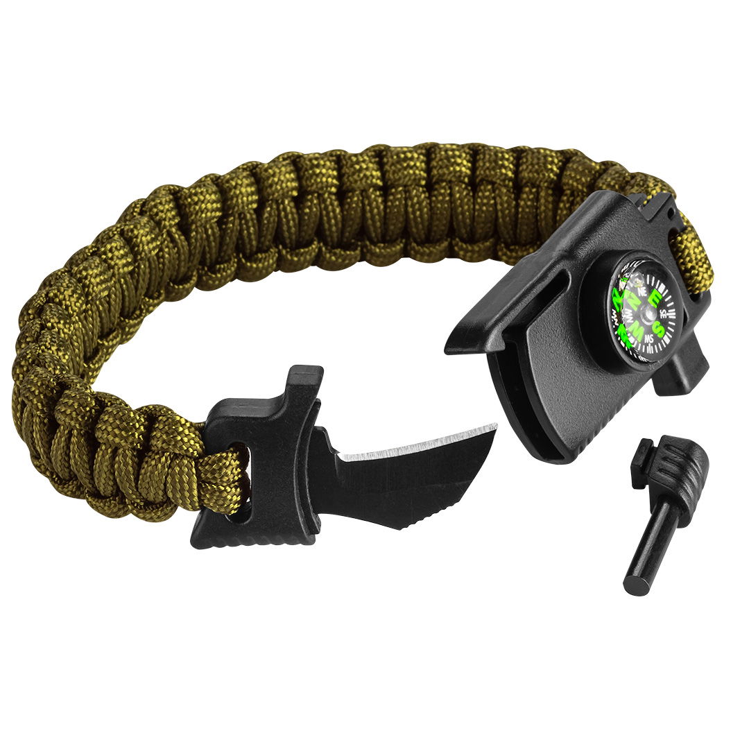 NEO TOOLS Túlélő karkötő 5 az 1-ben: 3.5m paracord(250kg-ig), kovakő, iránytű, kés, síp, zöld, szélessége 26mm termék fő termékképe