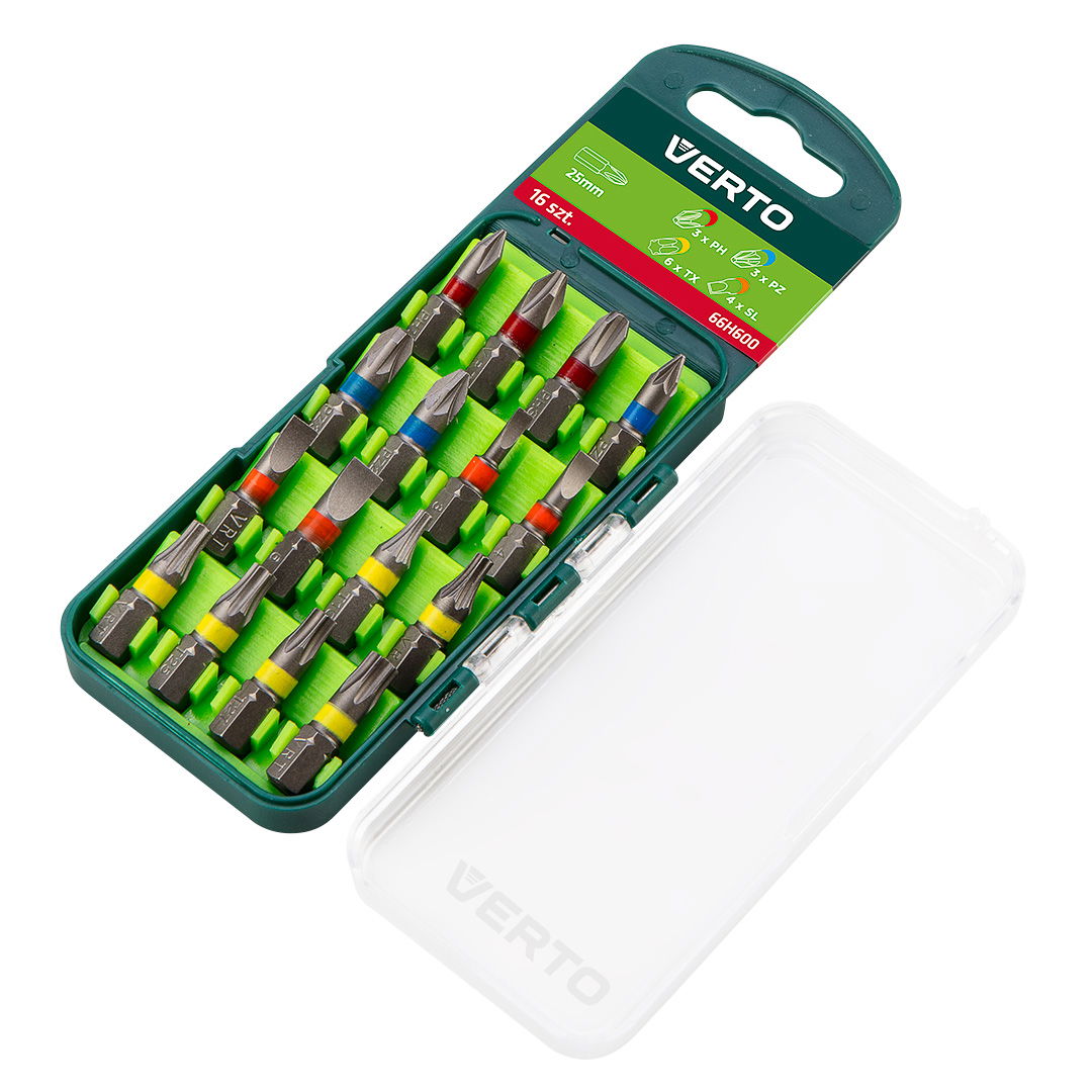VERTO Csavarhúzó bitkészlet, 16db, 25mm - 3 x PH, 3 x PZ, 4 x SL, 6 x TORX (CrV) termék fő termékképe