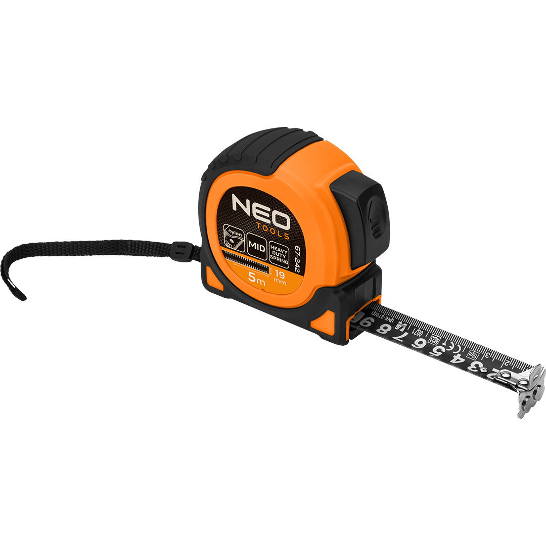 NEO TOOLS Mérőszalag, 5m/19mm, erősített rugós, acél, fekete szalag fehér nagyított skálával, mágneses, autostop+rögzítő termék fő termékképe