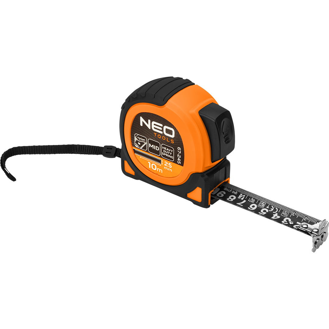 NEO TOOLS Mérőszalag, 10m/25mm, erősített rugós, acél, fekete szalag fehér nagyított skálával, mágneses, autostop+rögzítő termék fő termékképe