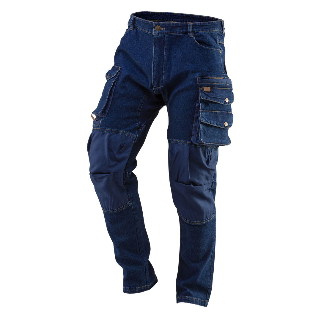 NEO TOOLS Farmer Munkásnadrág, DENIM, 98% pamut, térdvédő betét zsebbel, gombos oldalzsebekkel, 255 g/m2, XXL termék fő termékképe