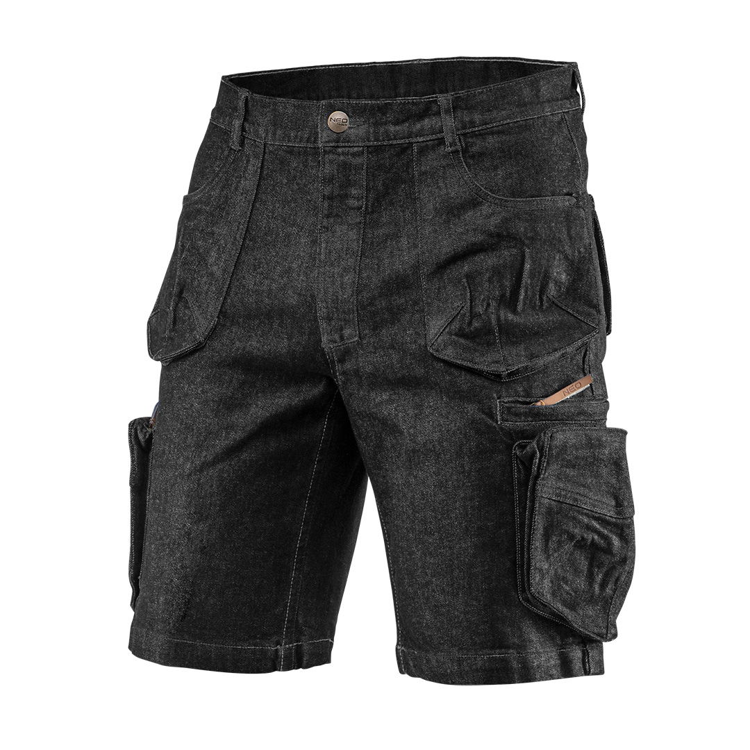 NEO TOOLS Farmer Rövid munkásnadrág, DENIM, fekete, cipzáros oldalzsebekkel, 98% pamut, 410g/m2, XXXL termék fő termékképe