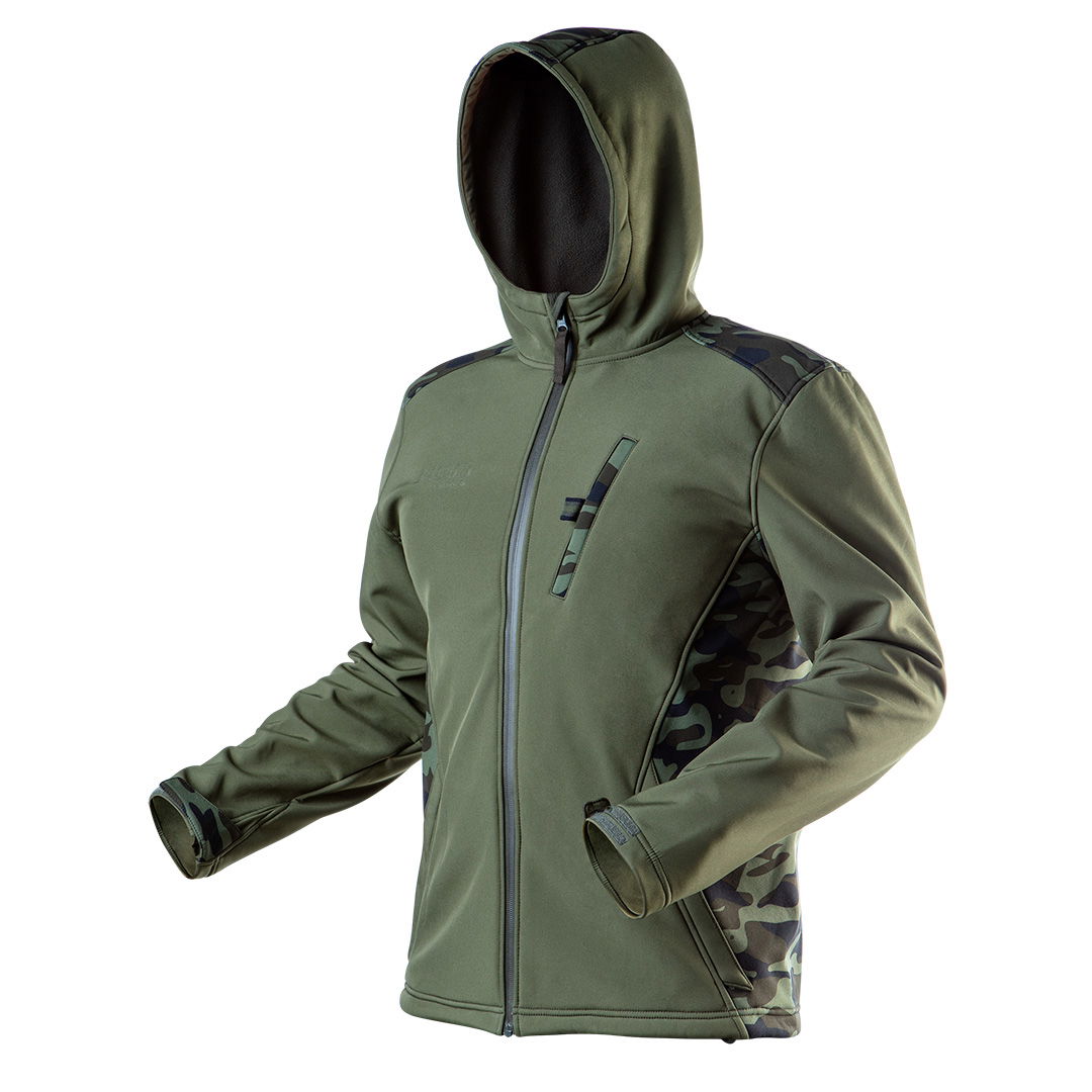 NEO TOOLS Terepmintás softshell Munkavédelmi kabát, víz- és szélálló, kapucni, CAMO, vízáll:5000mm, légáter:3000g/m2/24h, XL termék fő termékképe