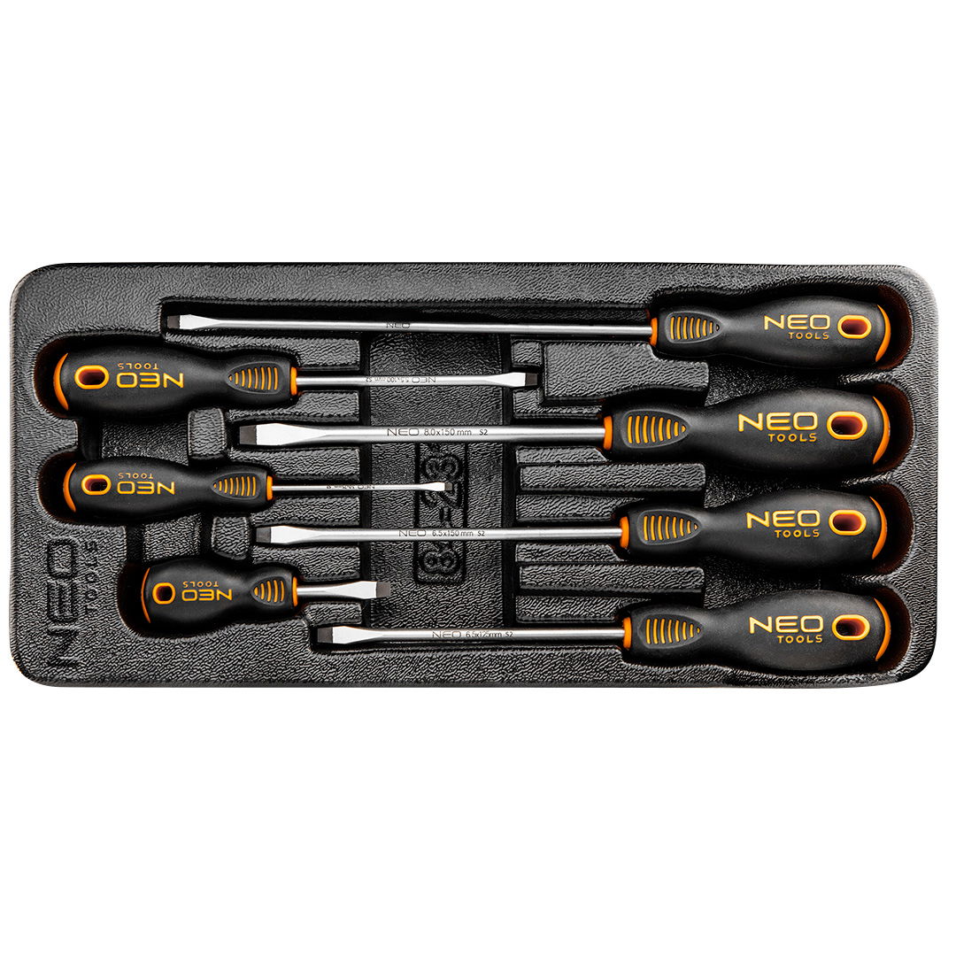 NEO TOOLS Csavarhúzó készlet, lapos 7db, műhelykocsitálcával termék fő termékképe