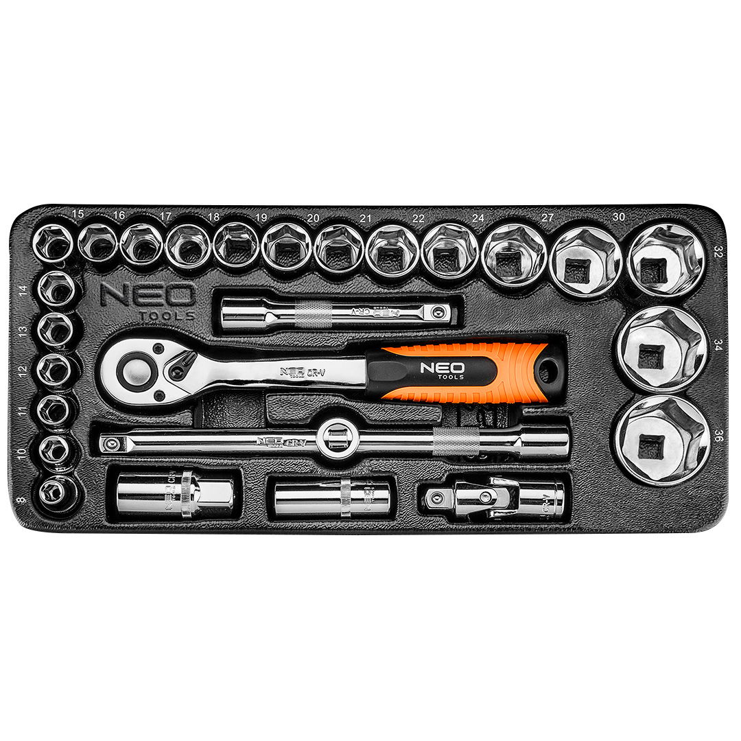 NEO TOOLS Dugókulcskészlet 1/2", 27db, 10-26mm, műhelykocsitálcával termék fő termékképe