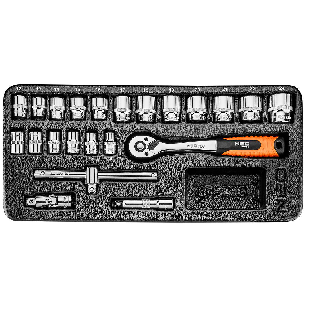 NEO TOOLS Dugókulcskészlet 3/8", 22db, 6-24mm, műhelykocsitálcával termék fő termékképe