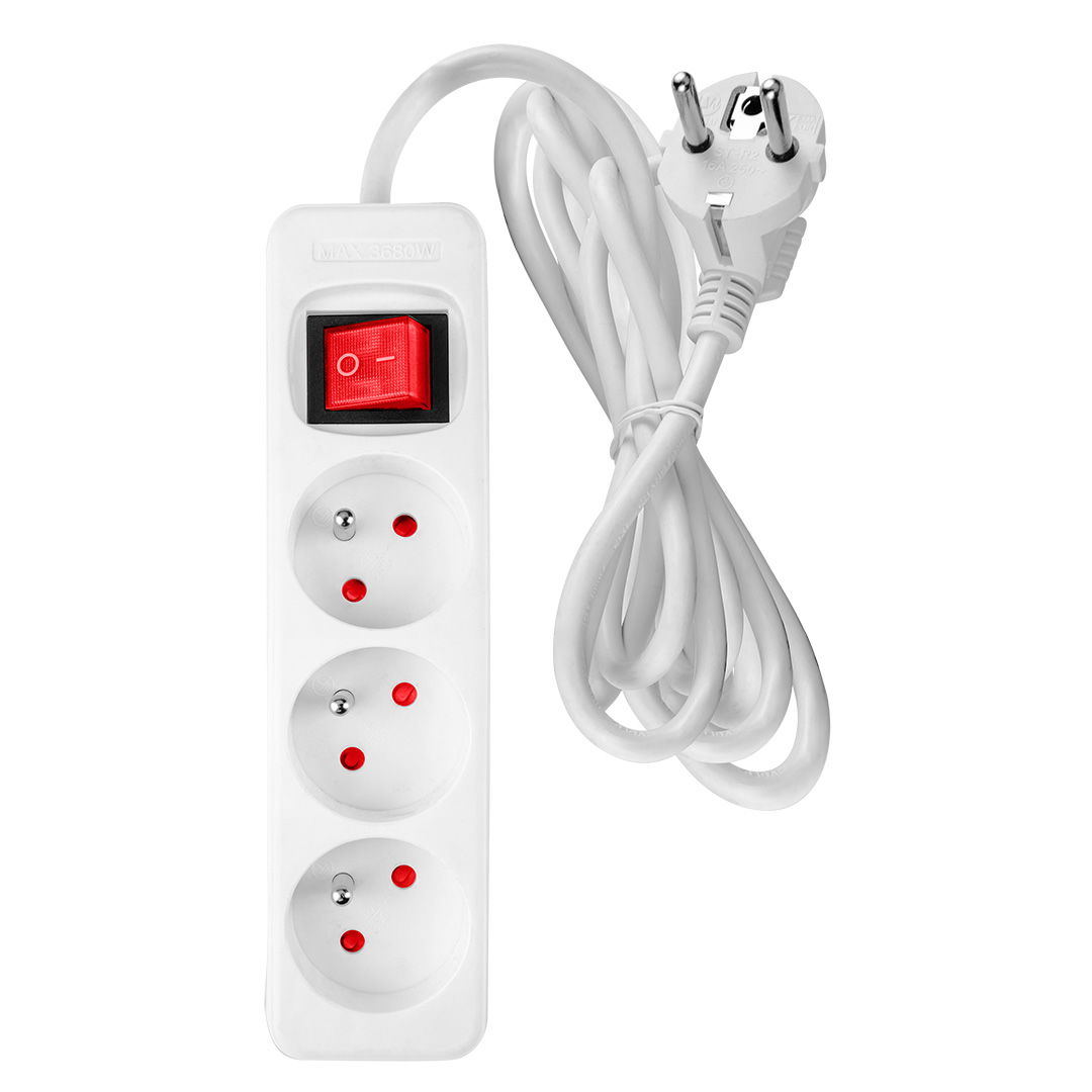 NEO TOOLS Hálózati elosztó, kapcsolós, 3 aljzat, 5m/ 3x1,5mm2 kábel, fehér termék fő termékképe