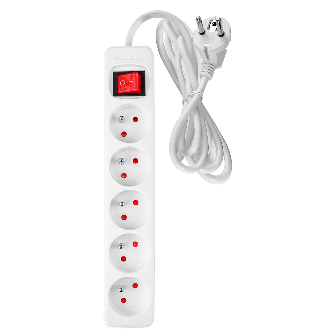 NEO TOOLS Hálózati elosztó, kapcsolós, 5 aljzat, 5m/ 3x1,5mm2 kábel, fehér termék fő termékképe