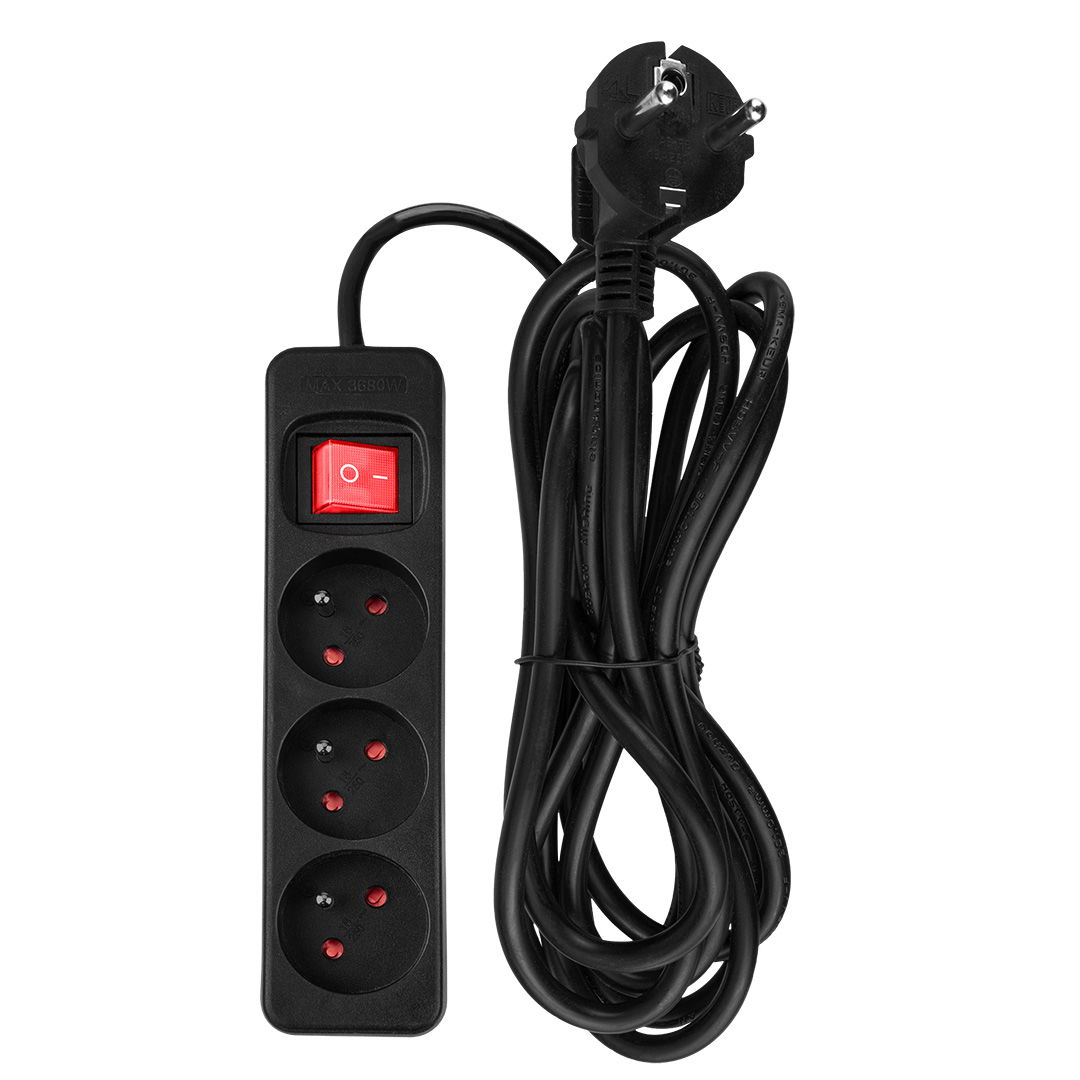 NEO TOOLS Hálózati elosztó, kapcsolós, 3 aljzat, 3m/ 3x1,5mm2 kábel, fekete termék fő termékképe