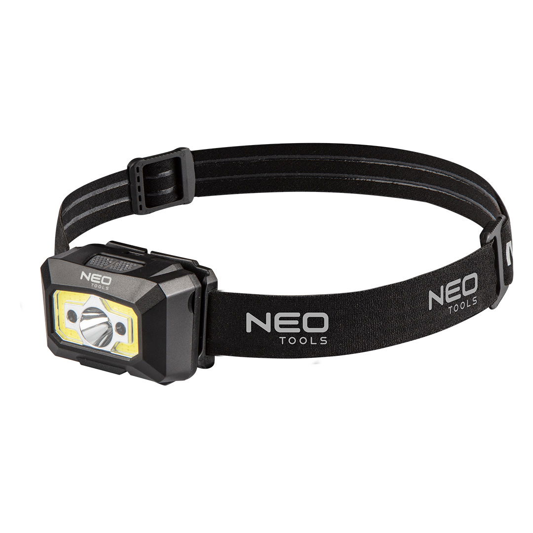 NEO TOOLS Fejlámpa, tölthető, USB, 250 lum, COB LED + mozgásérzékelővel termék fő termékképe