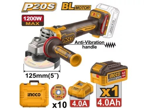 INGCO Akkus sarokcsiszoló 125 mm szénkefe nélküli 20 V (1 x 4,0 Ah akku + töltő) termék fő termékképe