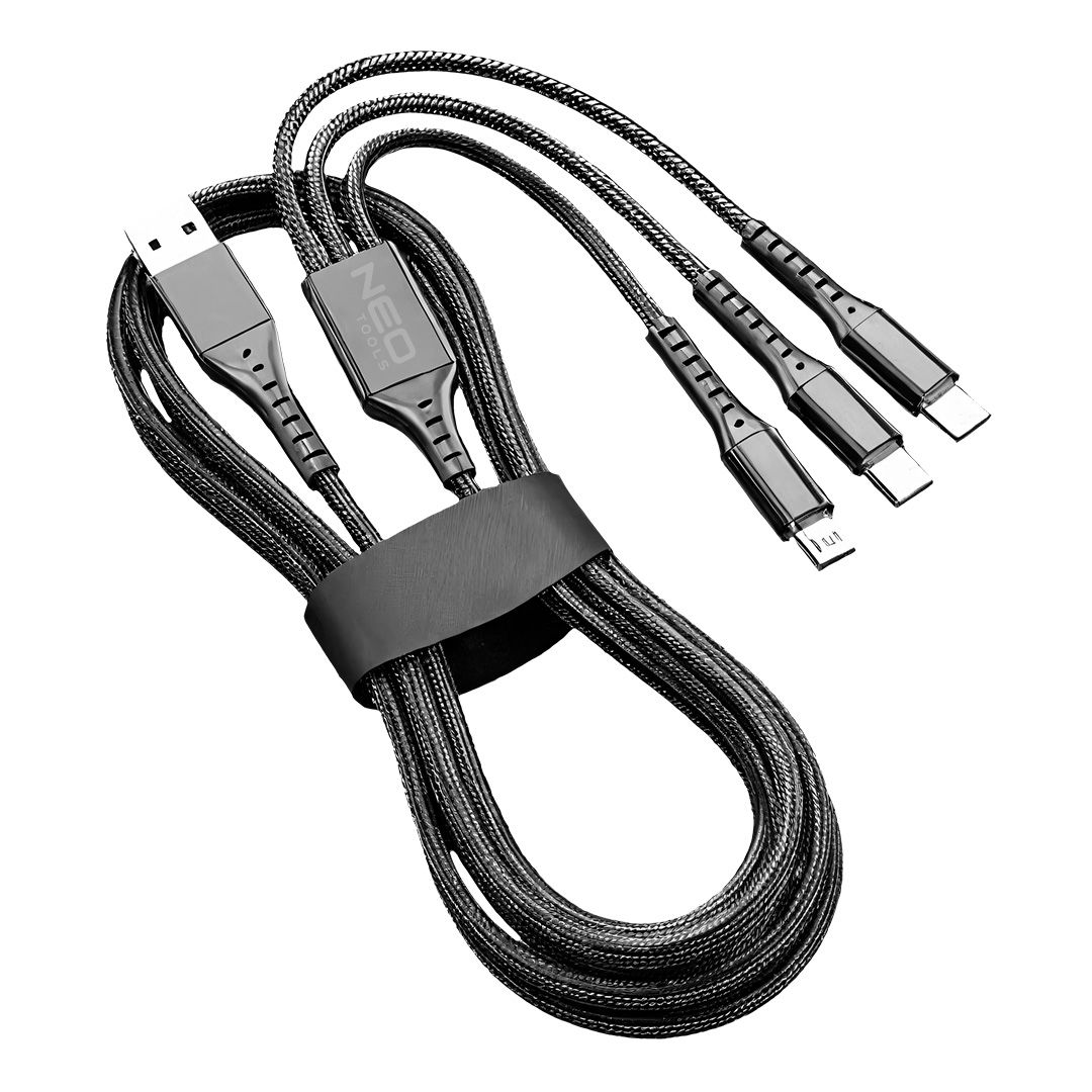 NEO TOOLS USB töltőkábel, 3az 1ben, 1.2m, USB-A bemenet, USB-C, Lightning, Micro USB kimenetek termék fő termékképe