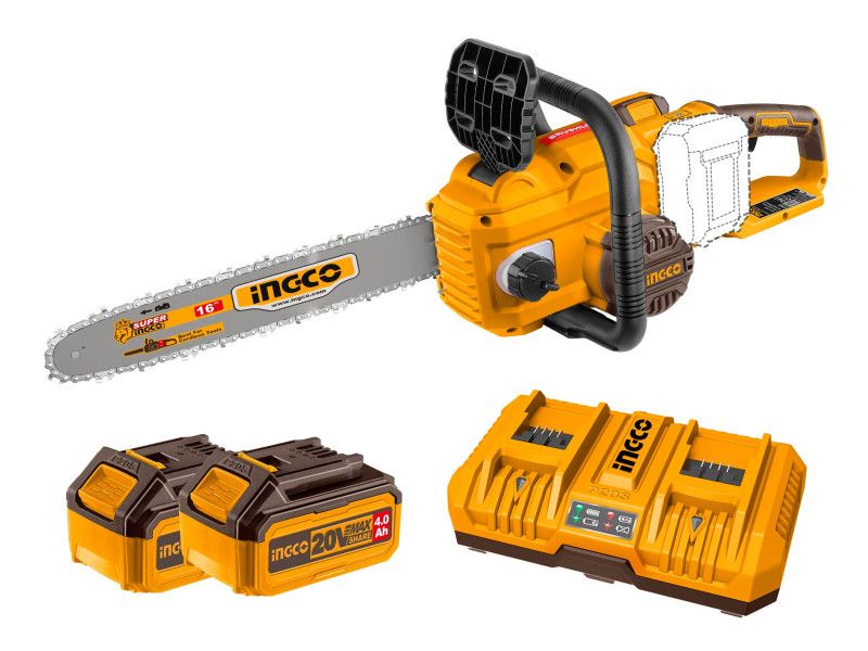 INGCO Akkus láncfűrész 400 mm szénkefe nélküli 2 x 20 V (2 x 4,0 Ah akku + töltő) termék fő termékképe